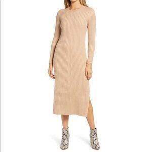 Wayf Ribbed Knit Sweater Dress Midi Tan Cutout Tie Emily x Dede